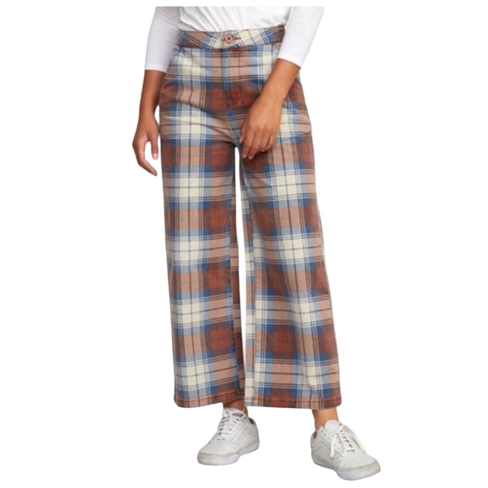 RVCA Womens Niku Plaid Wide Leg High Rise Cropped Pants Rust Blue Size 29 - Picture 8 of 14